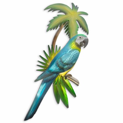 35" Blue Macaw in Palm Tree Tropical Metal Wall Art Plaque