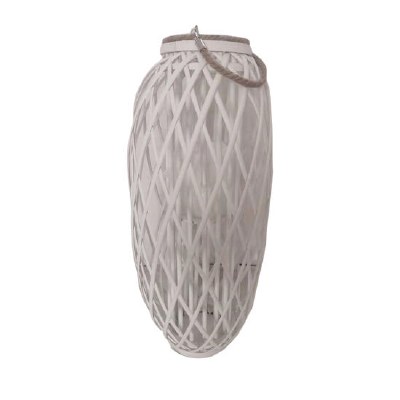 27" White Rattan and Glass Candleholder Lantern