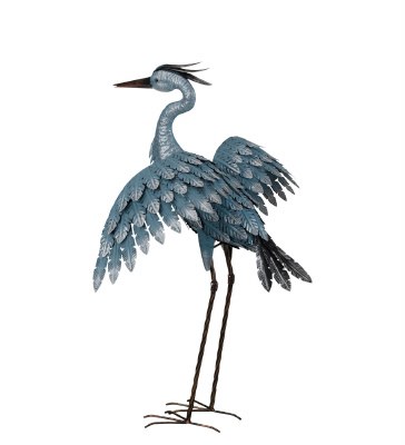 28" Blue and Silver Metal Heron With Wings Down