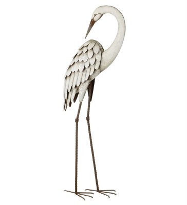 41" White Metal Preening Egret
