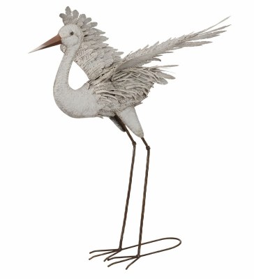 33" White Metal Egret With Wings Out and Head Down