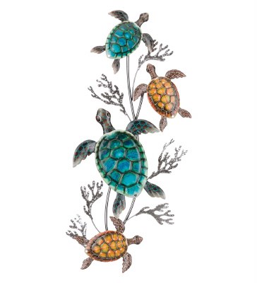 26" Blue and Brown Luster Metal Four Sea Turtles Coastal Wall Art Plaque
