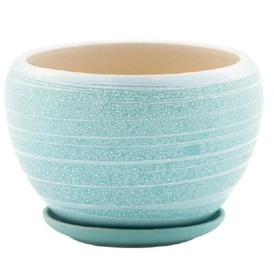 6" Round Light Blue Striped Ceramic Pot With Saucer