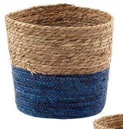 11" Round Natural and Dark Blue Seagrass Basket