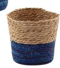 9" Round Natural and Dark Blue Seagrass Basket