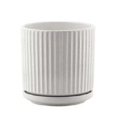 5" Round White Ribbed Ceramic Pot With Saucer