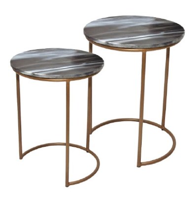 Set of 2 Round Gray Marble With Gold Metal Legs Nesting Tables