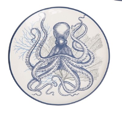 8" Round Blue Octopus on White Ceramic Plate