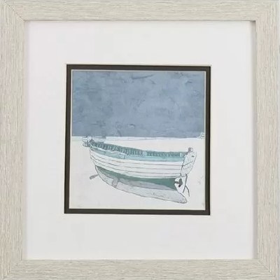 11" Square Aqua and White Boat in Tan Frame Under Glass