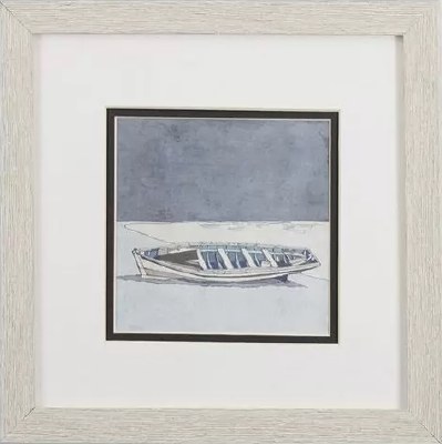 11" Square Blue and White Boat in Tan Frame Under Glass