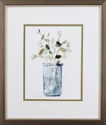 16" x 14" Cylinder Vase With Leaves in Brown Frame Under Glass