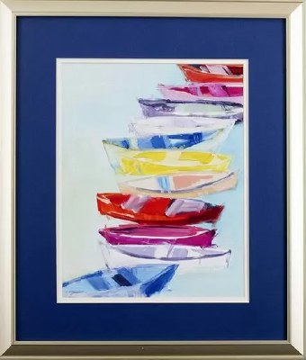 21" x 18" Multicolor Boats in the Center in Gold Frame Under Glass