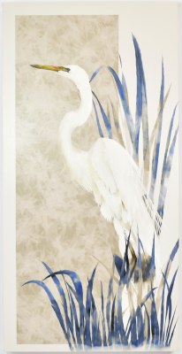 40" x 20" One White Egret With Blue Leaves Canvas