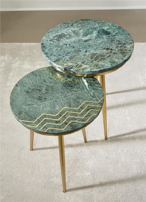 Set of 2 18" Round Green Marble and Brass Nesting Tables