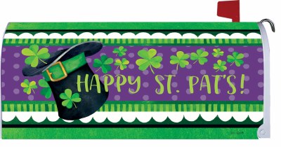 7" x 17" Black Hat and Clovers on Purple Happy St. Pat's Mailbox Cover