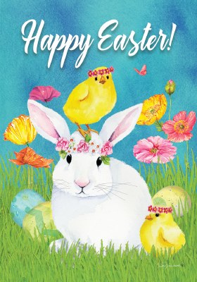 40" x 28"  White Bunny and Chick Floral Happy Easter House Flag