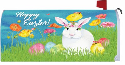 7" x 17" White Bunny and Chick Floral Happy Easter Mailbox Cover