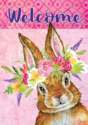 18" x 12" Mini Brown Bunny Pink Floral Wreath Welcome Garden Flag