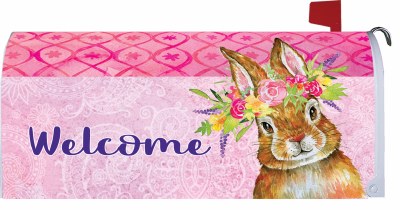 7" x 17" Brown Bunny Pink Floral Wreath Welcome Mailbox Cover