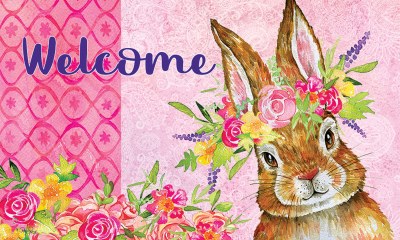 18" x 30" Brown Bunny Pink Floral Wreath Welcome Doormat