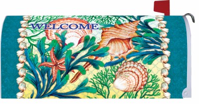 7" x 17" Coral and Teal Seashell Welcome Mailbox Cover
