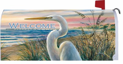 7" x 17" White Egret on the Beach Welcome Mailbox Cover