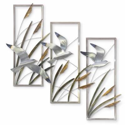 Set of 3 43" Seagull and Seaoats Rectangles Coastal Metal Wall Art Plaque MM215