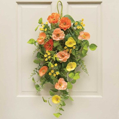 29" Faux Patio Peach, Orange, Coral and Yellow Poppy Bough Drop