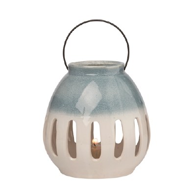 8" Round Aqua and White Ceramic Cutout Stripes Lantern Candleholder