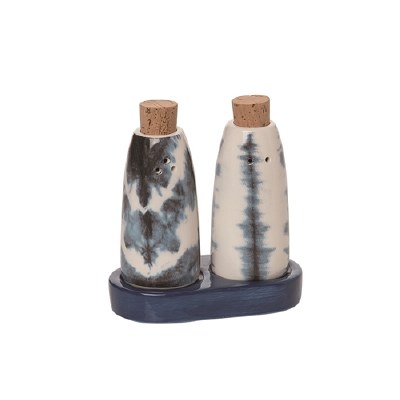 3" Blue and White Tie Dye Ceramic With Cork Stoppers Salt & Pepper Shakers With Base