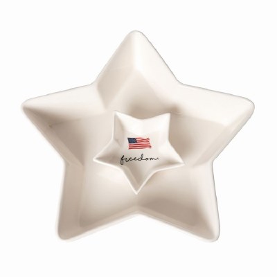 12" White Ceramic Star With Freedom Flag Chip & Dip Bowl