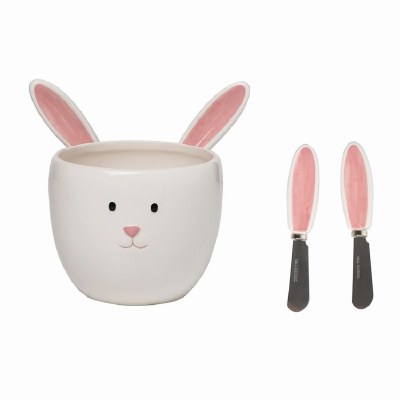 6" White Bunny Ear Ceramic Bowl With Bunny Ear Spreaders