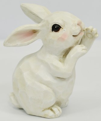 4" White Polyresin Sitting Bunny With Paw Up