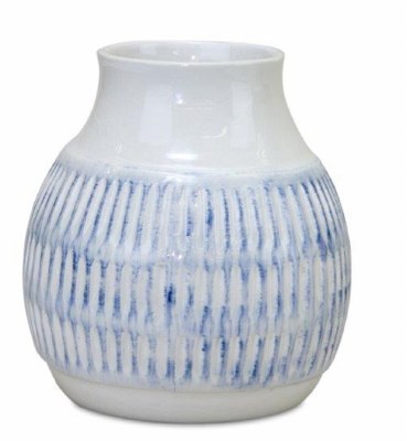 6" White and Blue Lined Ceramic Vase