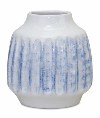 6" White and Blue Ribbed Ceramic Vase