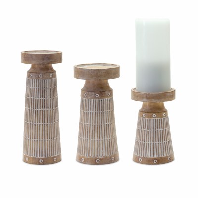 Set of 3 10" Whitewashed Brown Lines Pillar Candleholders