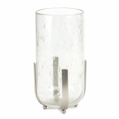 13" Clear Bubble Glass Hurricane Candleholder With Silver Holder