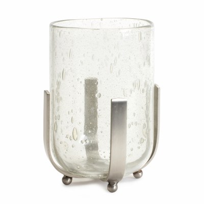 8" Clear Bubble Glass Hurricane Candleholder With Silver Holder