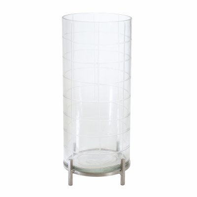 12" Clear Glass Grid Hurricane Candleholder With Silver Stand