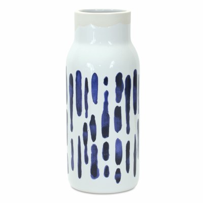 10" White With Blue Dashes Ceramic Vase