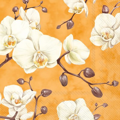 5" Square Benita Orange and White Orchids Beverage Napkin