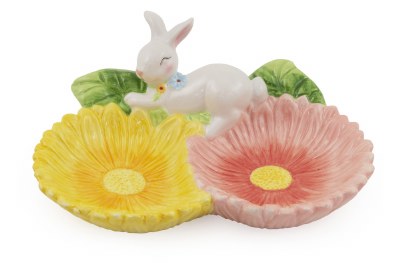 8" Two Flower Floral Bunny Compartment Dish Plate