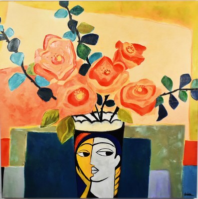 45" Square Face Vase With Flowers Canvas