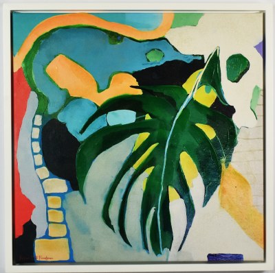 24" Square Monstera Leaves Canvas in White Frame