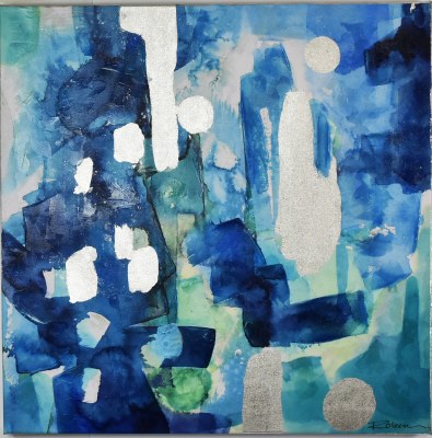 32" Square Blue and Silver Abstract Canvas 1