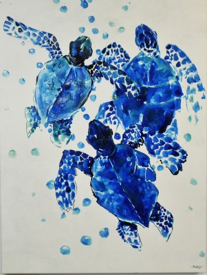 40" x 30" Three Blue Turtles on Canvas 1