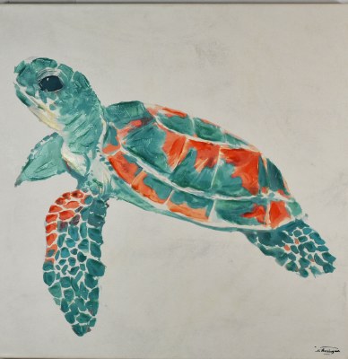 32" Square Aqua and Coral Turtle Canvas 1