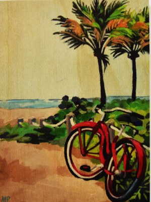 8" x 6" Red Bike on Beach Wood Plaque