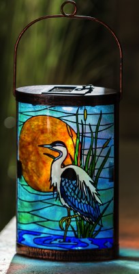 9" Solar Handpainted Blue Heron Glass Lantern