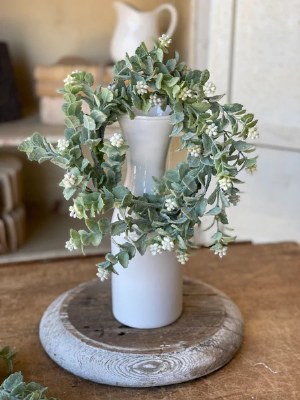 4.5" Opening Faux Frost Green and White Leaves Candle Ring